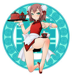 Rule 34 | 1boy, :o, apron, aqua eyes, armpits, ass, baka to test to shoukanjuu, bamboo steamer, blush, body blush, bow, bulge, bun cover, china dress, chinese clothes, crossdressing, cup, double bun, dress, drink, embarrassed, frills, full body, genda, grey hair, hair bun, hair ornament, hairclip, hands up, holding, holding tray, kinoshita hideyoshi, legs, legs apart, looking at viewer, male focus, on one knee, outline, panties, pantyshot, parted bangs, parted lips, pelvic curtain, pinky out, red dress, red footwear, red ribbon, ribbon, saucer, shoes, short hair, side slit, sleeveless, sleeveless dress, slippers, solo, sweatdrop, tea, teacup, teapot, trap, tray, turtleneck, underwear, waist apron, waitress, white apron, white background, white bow, white panties, wrist cuffs