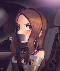 Rule 34 | 1girl, absurdres, bound, brown hair, car interior, cityscape, commission, gag, hairband, highres, idolmaster, idolmaster (classic), improvised gag, kaddo, minase iori, out of frame, red eyes, restrained, seatbelt, tape, tape bondage, tape gag, tied up, upper body