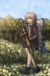 Rule 34 | 1girl, absurdres, artist name, black footwear, black necktie, blue sky, bolt action, brown jacket, brown skirt, cheytac m200, cloud, cloudy sky, collared shirt, day, girls&#039; frontline, grey hair, gun, highres, holding, holding gun, holding weapon, jacket, jhands onpc, long hair, looking at viewer, m200 (girls&#039; frontline), name connection, necktie, object namesake, open clothes, open jacket, open mouth, outdoors, pleated skirt, purple eyes, rifle, scope, shirt, shoes, skirt, sky, sniper rifle, socks, solo, stuffed animal, stuffed shark, stuffed toy, weapon, white shirt, white socks