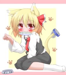 Rule 34 | 1girl, animal ears, between legs, blonde hair, blush stickers, cat ears, cat tail, fish, hand between legs, necktie, oden (th-inaba), paw pose, red eyes, red necktie, rumia, solo, tail, touhou