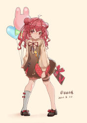 Rule 34 | 1girl, absurdres, aged down, balloon, blush, bow, breasts, brown dress, brown footwear, closed mouth, double bun, dress, full body, girls&#039; frontline, hair bow, hair bun, highres, holding, holding balloon, long hair, long sleeves, looking at viewer, neck ribbon, official alternate costume, red eyes, red hair, red ribbon, ribbon, sakatakin, shoes, simple background, single thighhigh, small breasts, solo, standing, thighhighs, white thighhighs, wz.29 (envoy of sweet dreams) (girls&#039; frontline), wz.29 (girls&#039; frontline), wz.29 (sweet dream emissary) (girls&#039; frontline)