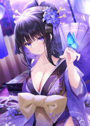 Rule 34 | black hair, blue flower, blunt bangs, bow, breasts, bug, butterfly, butterfly on hand, cleavage, collarbone, fingernails, floral print, flower, hair flower, hair ornament, hair stick, indoors, insect, japanese clothes, kimono, large breasts, long fingernails, long hair, looking at viewer, navy (navy.blue), obi, original, parted lips, purple eyes, purple kimono, sash, side slit, very long hair, yellow bow