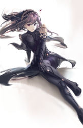 Rule 34 | 1girl, armor, bad id, bad pixiv id, bodysuit, boots, commentary request, fate/grand order, fate (series), floating hair, highres, long hair, looking at viewer, pauldrons, purple bodysuit, purple hair, rabbit (tukenitian), red eyes, scathach (fate), scathach (fate), shoulder armor, solo, wind