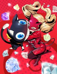 Rule 34 | 1girl, absurdres, ass, blonde hair, blue eyes, blush, boots, cat mask, diamond (gemstone), fake tail, heart, heart background, highres, hug, kiss, mask, morgana (persona 5), persona, persona 5, red background, scarf, sparkle, star (symbol), starry background, tail, takamaki anne, thicc line, thigh boots, thighhighs, twintails