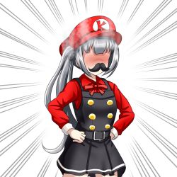 Rule 34 | 1girl, alternate costume, belt, blush, buttons, collared shirt, cosplay, double-breasted, dress, embarrassed, emphasis lines, fake facial hair, fake mustache, hair ribbon, hands on own hips, hat, kantai collection, kasumi (kancolle), long hair, long sleeves, mario, mario (cosplay), mario (series), nintendo, no eyes, pinafore dress, red ribbon, red shirt, ribbon, shirt, side ponytail, silver hair, simple background, sleeveless, sleeveless dress, solo, steaming body, tk8d32