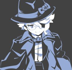 Rule 34 | 1boy, azul ashengrotto, blue bow, blue bowtie, blue eyes, blue hat, blue jacket, blue theme, bow, bowtie, buttons, fedora, glasses, grey background, hat, jacket, looking to the side, male focus, monochrome, rizu (rizunm), shaded face, shirt, short hair, simple background, smile, smirk, solo, twisted wonderland, twitter username, upper body, wavy hair, white hair, white shirt