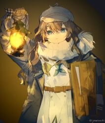 Rule 34 | 1girl, belt, blue eyes, blue jacket, bow, brown belt, brown hair, cabbie hat, checkered bow, checkered clothes, dot nose, grey hat, hair between eyes, hat, highres, holding, holding lantern, holding suitcase, hugging object, jacket, kaeshi (yuukaeshi), lantern, long hair, looking ahead, marcus (reverse:1999), open clothes, open jacket, open mouth, reverse:1999, scarf, shirt, sidelocks, solo, straight-on, suitcase, twitter username, upper body, white scarf, white shirt, wrist bow