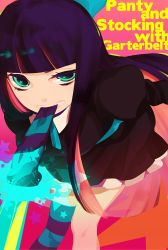 Rule 34 | 10s, 1girl, aqua eyes, chiccccca, colored inner hair, fujisawa chika, long hair, mouth hold, multicolored hair, panty &amp; stocking with garterbelt, purple hair, solo, stocking (psg), striped clothes, striped thighhighs, stripes i &amp; ii, thighhighs