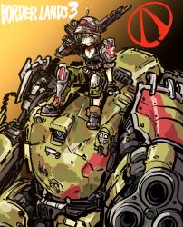 Rule 34 | 1girl, absurdres, arm cannon, armored boots, assault rifle, black gloves, blue eyes, boots, borderlands (series), borderlands 3, breasts, brown hair, cleavage, copyright name, facepaint, fingerless gloves, gloves, gun, helmet, highres, iron bear (borderlands), ishiyumi, looking at viewer, mecha, moze (borderlands), one-eyed, over shoulder, rifle, robot, science fiction, sitting, smirk, weapon, yellow eyes