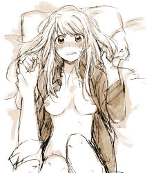 Rule 34 | 1girl, bare legs, bed, blush, breasts, embarrassed, floral print, from above, fullmetal alchemist, grey shirt, greyscale, long hair, looking at viewer, medium breasts, messy hair, monochrome, nervous, on bed, open clothes, open mouth, open shirt, pillow, pov, pov hands, shirt, solo, tsukuda0310, v-shaped eyebrows, winry rockbell