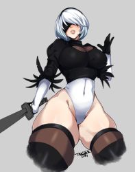 Rule 34 | 1girl, artist name, black blindfold, black hairband, black thighhighs, blindfold, breasts, cleavage cutout, clothing cutout, covered navel, grey background, groin, hairband, highleg, highleg leotard, large breasts, leotard, lips, mole, mole under mouth, nier (series), nier:automata, puffy sleeves, short hair, skindentation, solo, sword, taiger, thick thighs, thighhighs, thighs, weapon, white hair, wide hips, 2b (nier:automata)