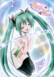 Rule 34 | closed eyes, green eyes, green hair, hatsune miku, headphones, highres, long hair, music, nude, shiroi noria, singing, solo, twintails, very long hair, vocaloid