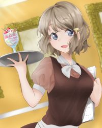 Rule 34 | 1girl, :d, absurdres, breasts, brown hair, brown shirt, grey eyes, hair ornament, highres, holding, holding tray, indoors, koga tomoe, looking at viewer, medium breasts, menu, open mouth, parfait, picture frame, rina yuna4125 (lily), seishun buta yarou, shirt, short hair, short sleeves, smile, solo, standing, tray, waitress