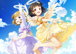 Rule 34 | 2girls, angel wings, bare shoulders, barefoot, black hair, blue eyes, blue sky, blunt bangs, brown hair, choker, cloud, commentary request, dress, dutch angle, frilled dress, frilled skirt, frills, hair ornament, hair scrunchie, halo, highres, idolmaster, idolmaster million live!, mikapoe, multiple girls, nakatani iku, open mouth, puffy short sleeves, puffy sleeves, red eyes, scrunchie, short hair, short sleeves, side ponytail, skirt, sky, suou momoko, white dress, wings, wrist cuffs, yellow dress