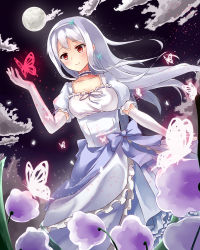 Rule 34 | 1girl, breasts, bug, butterfly, cleavage, dress, elbow gloves, field, flower, flower field, full moon, gloves, bug, long hair, looking at viewer, moon, neck garter, night, night sky, original, puffy short sleeves, puffy sleeves, red eyes, ribbon-trimmed clothes, ribbon trim, short sleeves, silver hair, sky, smile, solo, warirui, white gloves, wind