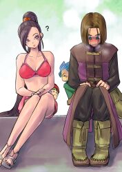 Rule 34 | 2boys, 2girls, ?, @ @, bare shoulders, bikini, blue eyes, blue hair, breasts, brown hair, camus (dq11), cleavage, collarbone, commentary request, dragon quest, dragon quest xi, embarrassed, hero (dq11), high ponytail, highres, large breasts, martina (dq11), multiple boys, multiple girls, pekuchin (pekuchin 3), pink bikini, purple eyes, purple hair, sandals, sitting, swimsuit, toenails, toes, twitter username, veronica (dq11)