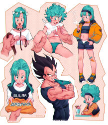Rule 34 | absurdres, amachu a, aqua eyes, aqua hair, aqua panties, bandaid, bandaid on knee, bandaid on leg, black hair, black hairband, bob cut, breasts, bulma, cameltoe, cigarette, collar, commentary, covered erect nipples, crop top, cropped shirt, curly hair, detached wings, dragon ball, dragonball z, english commentary, food, grabbing, grabbing another&#039;s breast, grin, hairband, head wreath, highres, holding, holding cigarette, holding leash, ice cream, jacket, leash, leg grab, midriff, mouth hold, muscular, muscular male, navel, open mouth, orange collar, orange jacket, panties, pet play, shoes, short shorts, shorts, small breasts, smile, smoke, smoking, sneakers, spiked collar, spikes, sundae, twitter username, underwear, vegeta, white panties, wings