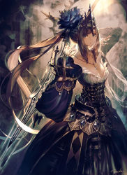 Rule 34 | 1girl, absurdres, armor, armored dress, backlighting, blonde hair, blue eyes, braid, breasts, cleavage, closed mouth, collarbone, commentary request, corset, dress, faulds, french braid, garuku, headpiece, highres, holding, holding sword, holding weapon, jewelry, long hair, long sleeves, looking at viewer, necklace, original, ponytail, sidelocks, solo, standing, swept bangs, sword, tagme, very long hair, weapon, weapon on back