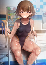 Rule 34 | 1girl, blush, breasts, brown eyes, brown hair, cameltoe, freckles, girls und panzer, grin, highres, looking at viewer, megadeko, nakajima (girls und panzer), pool, short hair, small breasts, smile, solo, swimsuit