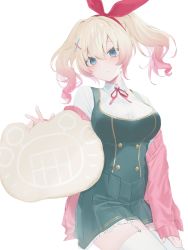 Rule 34 | 1girl, blonde hair, blue eyes, breasts, cardigan, collared shirt, cowboy shot, double horizontal stripe, dress, dress shirt, fang, fang out, garter straps, gradient hair, green dress, hair ornament, hair ribbon, hairband, hairclip, hand on own thigh, highres, holding, indie virtual youtuber, kani biimu (vtuber), large breasts, light blush, looking at viewer, multicolored hair, neck ribbon, open cardigan, open clothes, pinafore dress, pink cardigan, pink hair, pleated dress, red hairband, red ribbon, ribbon, shirt, simple background, skin fang, sleeveless dress, solo, thighhighs, unusa, virtual youtuber, white background, white shirt, white thighhighs, x hair ornament, zettai ryouiki