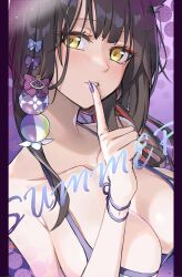 Rule 34 | 1girl, bikini, blue archive, breasts, brown hair, cleavage, finger to mouth, hair ornament, halo, highres, large breasts, looking at viewer, penguin say, purple background, purple nails, swimsuit, wakamo (blue archive), wakamo (swimsuit) (blue archive), yellow eyes