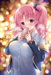 Rule 34 | 1girl, blue jacket, blurry, blurry background, blush, breasts, cellphone, collared shirt, commentary request, covered mouth, depth of field, dress, dress shirt, fingernails, hair between eyes, head tilt, highres, holding, holding phone, izumi kaori (twinbox), jacket, large breasts, long sleeves, looking at viewer, neck ribbon, off shoulder, one side up, original, parted bangs, phone, pink hair, pink ribbon, purple eyes, ribbon, see-through, shirt, sleeves past wrists, solo, sousouman, upper body, white dress