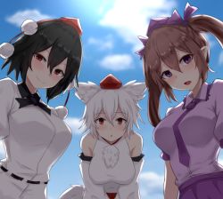 Rule 34 | 3girls, :o, animal ear fluff, animal ears, bare shoulders, belt, black hair, black neckwear, blue sky, blush, breasts, brown hair, cloud, commentary, day, detached sleeves, from below, hair between eyes, hair ribbon, hat, highres, himekaidou hatate, inubashiri momiji, large breasts, leaning forward, medium breasts, multiple girls, neck ribbon, necktie, open mouth, outdoors, pointy ears, pom pom (clothes), puffy short sleeves, puffy sleeves, purple eyes, purple headwear, purple neckwear, purple shirt, purple skirt, red eyes, red headwear, red skirt, ribbon, shameimaru aya, shirt, short hair, short sleeves, skirt, sky, smile, standing, tail, tokin hat, touhou, two side up, untucked shirt, upper body, v arms, white hair, white shirt, wolf ears, wolf tail, wuwusan