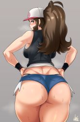 Rule 34 | 1girl, ass, blue eyes, breasts, brown hair, butt crack, creatures (company), curvy, from behind, game freak, grey background, hands on own hips, highres, hilda (pokemon), huge ass, jmg, large breasts, long hair, looking at viewer, looking back, nintendo, pokemon, pokemon bw, ponytail, short shorts, shorts, signature, simple background, solo, steam, sweat, thick thighs, thighs, thong, wide hips