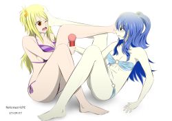 Rule 34 | 2girls, absurdres, alternate hairstyle, angry, aqua bikini, armpits, artist name, ass, barefoot, bikini, black eyes, blonde hair, blue hair, blush, breasts, brown eyes, catfight, cleavage, clenched teeth, collarbone, curvy, eyelashes, fairy tail, feet, female focus, fighting, fingernails, foot on another&#039;s face, from side, full body, hair between eyes, hand on ground, highres, holding, holding microphone, juvia lockser, large breasts, leg up, legs, long hair, looking at another, lucy heartfilia, medium breasts, microphone, midriff, multiple girls, navel, one eye closed, open mouth, pain, pale skin, profile, purple bikini, side-tie bikini bottom, side bangs, side ponytail, sideboob, sidelocks, simple background, sitting, soles, strapless, strapless bikini, striped bikini, striped clothes, swimsuit, teeth, thighs, toenails, toes, twintails, underboob, v-shaped eyebrows, violence, white background