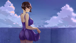 Rule 34 | 10s, 1girl, alternate costume, back, bad id, bad pixiv id, bare shoulders, blue dress, blush, breasts, brown eyes, brown hair, clothes lift, dress, dress lift, from behind, kaga (kancolle), kantai collection, large breasts, looking at viewer, looking back, open mouth, revision, sanku, side ponytail, sleeveless, sleeveless dress, solo