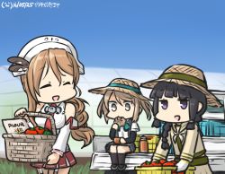 Rule 34 | 3girls, basket, blouse, blue sky, braid, brown hair, commentary request, dated, day, detached sleeves, double bun, eating hair, feather hair ornament, feathers, garter straps, greenhouse, hair bun, hair ornament, hamu koutarou, hat, headdress, kantai collection, kitakami (kancolle), light brown hair, littorio (kancolle), long hair, michishio (kancolle), motor vehicle, multiple girls, neckerchief, necktie, open mouth, pickup truck, pleated skirt, ponytail, school uniform, serafuku, shirt, short twintails, single braid, skirt, sky, sleeveless, sleeveless shirt, straw hat, tomato, truck, twintails, wavy hair