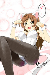 Rule 34 | 10s, 1girl, :d, animal ears, artist name, ashigara (kancolle), ass, brown eyes, brown hair, cat ears, cat tail, fake animal ears, highres, imu sanjo, kantai collection, kemonomimi mode, kittysuit, leotard, long hair, looking at viewer, nontraditional playboy bunny, open mouth, pantyhose, paw pose, playboy bunny, signature, smile, solo, sweat, tail