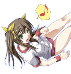 Rule 34 | 10s, 1girl, breasts, brown hair, buruma, female focus, gradient background, green eyes, gym uniform, hair ribbon, huang lingyin, infinite stratos, long hair, mister (black and white), musical note, open mouth, ribbon, solo, twintails, white background, wristband
