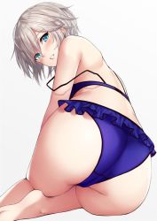 Rule 34 | 10s, anastasia (idolmaster), ass, bad id, bad twitter id, barefoot, bikini, blue eyes, bokokichi (you), feet, frilled bikini, frills, idolmaster, idolmaster cinderella girls, leaning forward, looking at viewer, looking back, short hair, silver hair, simple background, sitting, solo, swimsuit, thighs