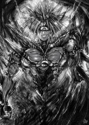 Rule 34 | 1boy, artist name, aura, cowboy shot, cyclops, glint, greyscale, grin, hand up, highres, looking at viewer, lord boros, male focus, monochrome, one-eyed, one-punch man, pointy ears, sharp teeth, smile, solo, teeth, the golden smurf