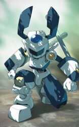 Rule 34 | 1boy, armor, blurry, blurry background, commentary request, degarashi (ponkotsu), full body, humanoid robot, male focus, medarot, on one knee, robot, shinzan (medarot), solo, white armor
