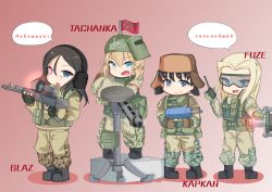 Rule 34 | 10s, 4girls, :d, absurdres, ballistic face mask, ballistic face shield, ballistic helmet, black eyes, black footwear, black gloves, black hair, blonde hair, blue eyes, boots, box, brown gloves, brown jacket, brown pants, brown vest, camouflage, chibi, clara (girls und panzer), closed mouth, commentary request, cyrillic, emblem, fang, fingerless gloves, foreshortening, frown, fur hat, fuze (rainbow six siege), girls und panzer, glaz (rainbow six siege), gloves, glowing, glowing eyes, goggles, green gloves, green hat, gun, hat, headphones, heart, helmet, highres, holding, holding weapon, jacket, kapkan (rainbow six siege), katyusha (girls und panzer), kshimu, long hair, long sleeves, looking at viewer, machine gun, maska, multiple girls, nina (girls und panzer), nonna (girls und panzer), open mouth, pants, pouch, pravda (emblem), radio, rainbow six siege, red background, russian text, scope, shadow, short hair, short twintails, smile, sparkle, spetsnaz, standing, tachanka (rainbow six siege), tactical clothes, translated, tripod, twintails, ushanka, v-shaped eyebrows, vest, weapon, weapon request