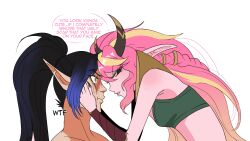 Rule 34 | 1boy, 1girl, absurdres, alternate costume, alternate hairstyle, bare shoulders, black hair, black sclera, blonde hair, blue hair, colored sclera, crop top, detached sleeves, english text, eye contact, from side, highres, horns, kayn (league of legends), league of legends, long hair, looking at another, odeko yma, pink hair, pointy ears, ponytail, profile, speech bubble, upper body, white background, yellow eyes, zoe (league of legends)