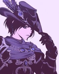 Rule 34 | 1girl, androgynous, armor, brooch, cape, ear piercing, earrings, expressionless, final fantasy, final fantasy xiv, from side, gem, gloves, hand on headwear, hand up, hat, hat feather, hat ornament, high contrast, jewelry, looking at viewer, moshimoshibe, parted lips, pauldrons, piercing, pink background, purple cape, purple eyes, purple gemstone, purple gloves, purple hair, purple hat, purple theme, reverse trap, short hair, shoulder armor, simple background, single pauldron, solo, tricorne, upper body, zero (ff14)
