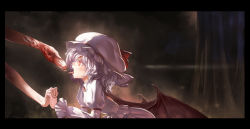 Rule 34 | 1girl, bat wings, blood, blood on hands, brooch, feeding, hat, holding hands, jewelry, juliet sleeves, leaning forward, light purple hair, long sleeves, mob cap, open mouth, own hands together, profile, puffy sleeves, red eyes, remilia scarlet, solo, solo focus, tongue, tongue out, touhou, vampire, wings, yamamomo (plank)