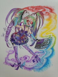 Rule 34 | 1girl, ama2uma2, animal print, black dress, blue footwear, breasts, butterfly print, butterfree, choker, cleavage, colored smoke, creatures (company), detached sleeves, dress, fangs, full body, game freak, gen 1 pokemon, gouache (medium), green hair, hand fan, heterochromia, holding, holding fan, long hair, looking at viewer, medium breasts, nintendo, no nose, open mouth, painting (medium), personification, pokemon, print thighhighs, purple thighhighs, quad tails, red-tinted eyewear, smoke, solo, thighhighs, tinted eyewear, traditional media, very long hair