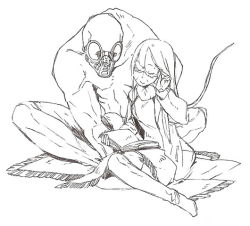 Rule 34 | 1boy, 1girl, bad id, bad pixiv id, book, closed eyes, gas mask, glasses, goggles, height difference, mask, monster, muscular, oikawa uso, old, original, sitting, sketch, smile, tail
