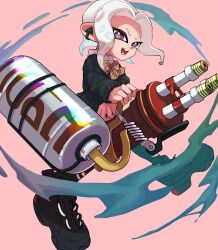 Rule 34 | black footwear, collar, commentary request, gatling gun, green sweater, gun, highres, holding, holding gun, holding weapon, hydra splatling (splatoon), nastar r0, nintendo, octoling, octoling boy, octoling player character, open mouth, paint, pink background, purple eyes, shoes, short hair, simple background, splatoon (series), splatoon 3, sweater, teeth, tentacle hair, weapon, white collar, white hair