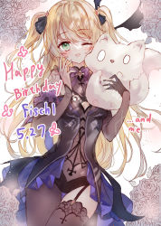 Rule 34 | 1girl, ;d, animal, bare shoulders, black bow, black dress, black gloves, black leotard, blonde hair, blush, bow, breasts, brown sleeves, brown thighhighs, character name, commentary request, dated, detached sleeves, dress, english text, fischl (genshin impact), floral background, flower, fox, garter straps, genshin impact, gloves, green eyes, hair bow, hands up, happy birthday, highres, layered sleeves, leotard, long hair, long sleeves, looking at viewer, one eye closed, open mouth, pink sleeves, puffy short sleeves, puffy sleeves, purple bow, rose, short over long sleeves, short sleeves, single glove, single thighhigh, small breasts, smile, solo, tandohark, thighhighs, two side up, very long hair