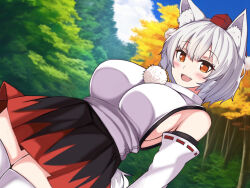 Rule 34 | 1girl, animal ears, armpits, bare shoulders, breasts, detached sleeves, dutch angle, forest, fuji norihiro, hat, inubashiri momiji, large breasts, looking at viewer, miniskirt, nature, open mouth, orange eyes, red hat, ribbon-trimmed sleeves, ribbon trim, shirt, sideboob, skirt, sleeveless, sleeveless shirt, smile, solo, tail, thighhighs, tokin hat, touhou, tree, white hair, white thighhighs, wolf ears, wolf girl, wolf tail
