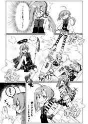 Rule 34 | !, 1boy, 2girls, ^^^, ^ ^, akashi (kancolle), arrow (projectile), bow, bow (weapon), bowtie, card, closed eyes, comic, cosplay, crossed arms, flight deck, greyscale, hair ribbon, headgear, japanese clothes, kaga (kancolle), kaga (kancolle) (cosplay), kantai collection, kiyoshimo (kancolle), long hair, machinery, military, military uniform, monochrome, multiple girls, muneate, naval uniform, pantyhose, pleated skirt, polearm, quiver, ribbon, school uniform, shimakaze (kancolle), shimakaze (kancolle) (cosplay), short hair, short sidetail, skirt, smile, spear, striped clothes, striped legwear, striped thighhighs, sweatdrop, tatsuta (kancolle), tatsuta (kancolle) (cosplay), temurei (vovovov), thighhighs, translation request, uniform, weapon