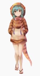 Rule 34 | 10s, 1girl, aqua hair, bare legs, blush, brown eyes, full body, geta, grey background, hands in pockets, highres, hood, hood up, hoodie, kemono friends, long sleeves, looking at viewer, neck ribbon, netamaru, pink ribbon, pocket, ribbon, short hair, simple background, smile, snake tail, solo, striped clothes, striped hoodie, striped tail, tail, toenails, tsuchinoko (kemono friends), walking