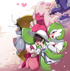 Rule 34 | 1boy, 4girls, absurdres, antennae, backpack, bag, black hair, blue necktie, blush, bob cut, breasts, brown hair, closed mouth, collarbone, collared shirt, colored skin, creatures (company), faceless, faceless male, florian (pokemon), from side, game freak, gardevoir, gen 3 pokemon, gen 7 pokemon, gimmighoul, green hair, green skin, grey shirt, grey skin, half-closed eyes, hammer, hand on another&#039;s chest, hand up, happy, hat, heart, heart-shaped pupils, highres, holding, holding hammer, holding weapon, hug, hug from behind, huge weapon, in container, interspecies, large breasts, long hair, multicolored hair, multicolored skin, multiple girls, my700, necktie, nintendo, nipples, nose blush, open mouth, over shoulder, pink hair, pink skin, pokemon, pokemon (creature), pokemon sv, profile, purple eyes, red eyes, ringed eyes, shiny skin, shirt, short hair, sidelocks, sideways mouth, smile, sun hat, sweat, symbol-shaped pupils, teeth, tinkaton, treasure chest, tsareena, two-tone hair, two-tone skin, upper body, wavy mouth, weapon, weapon over shoulder, white headwear, white skin, yellow eyes