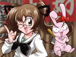 Rule 34 | 10s, 1990s (style), 1girl, black bow, blouse, bow, brown eyes, brown hair, choroli (chorolin), crossed arms, emblem, freckles, girls und panzer, glasses, hair ribbon, knife, long hair, long sleeves, looking at viewer, matching hair/eyes, navel, one eye closed, ooarai school uniform, oono aya, open mouth, parody, pointing, pointing up, portrait, rabbit, red bow, retro artstyle, ribbon, round eyewear, school uniform, serafuku, shirt, smile, solo, style parody, twintails, white shirt