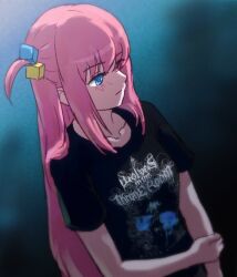 Rule 34 | 1girl, :|, band shirt, black shirt, blue eyes, bocchi the rock!, closed mouth, collarbone, cube hair ornament, film grain, gotoh hitori, hair ornament, hand on own arm, highres, long hair, merchandise, one side up, pink hair, shirt, solo, t-shirt, very long hair, wolves in the throne room (band), zawabug